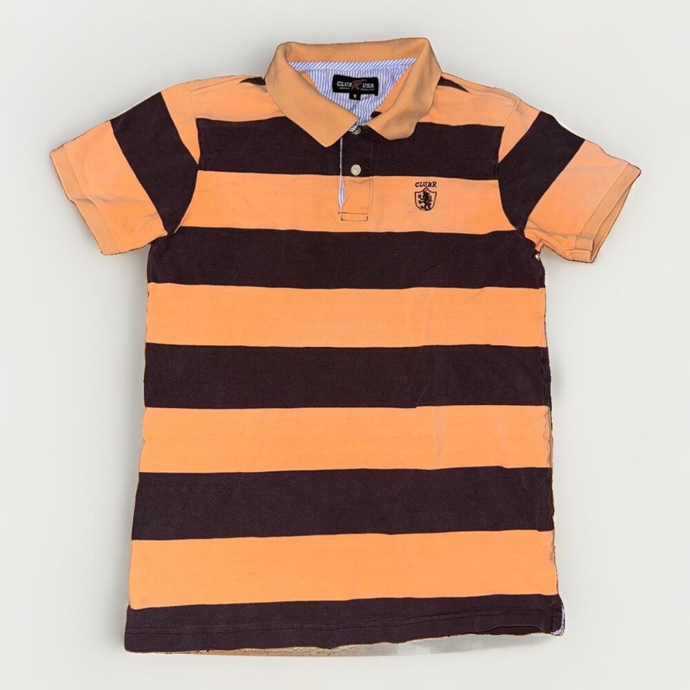 Club R USA Striped Rugby Polo Shirt Brown Peach Men’s Size Medium 18x25